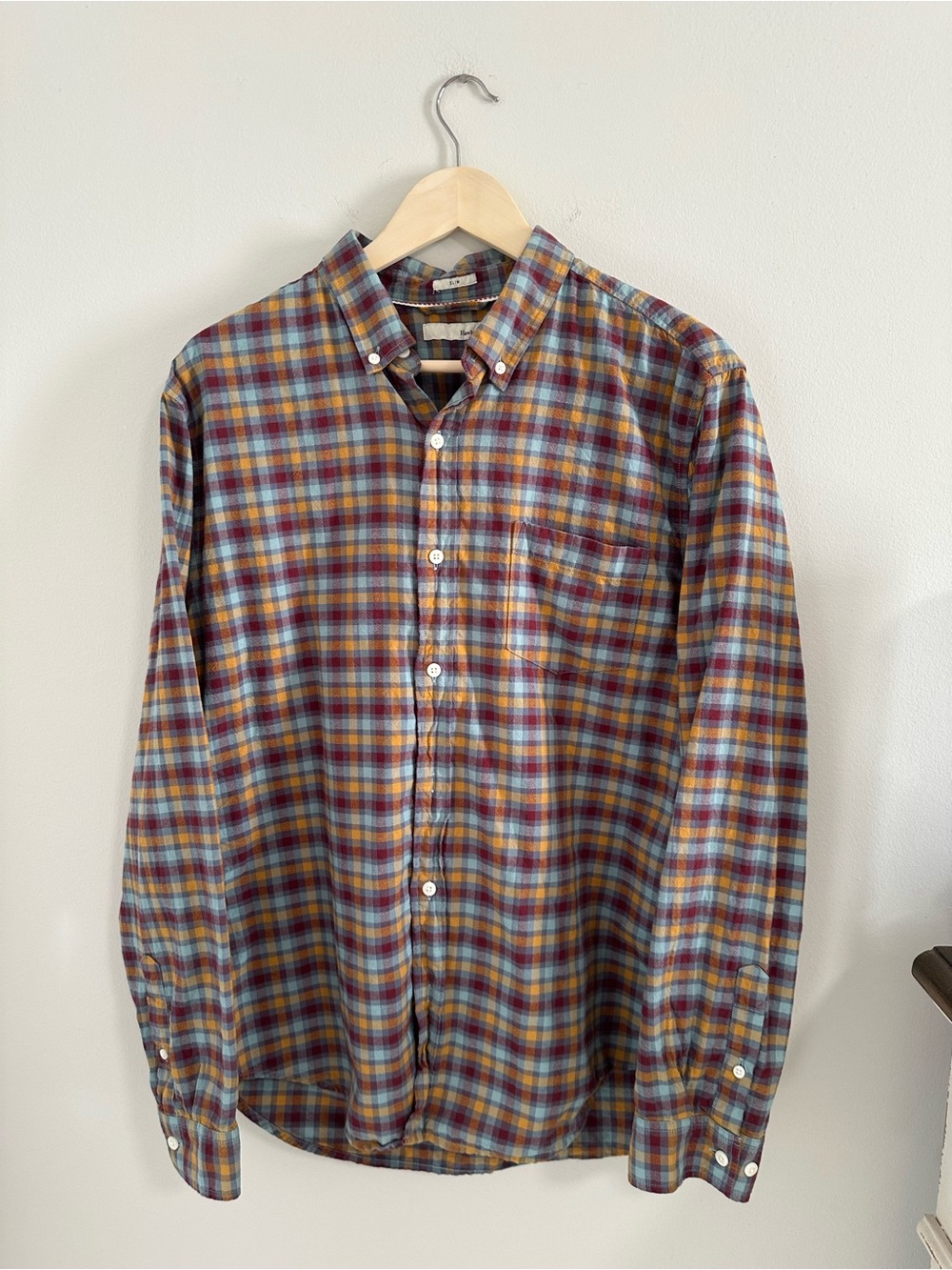 Men's Multicolor Plaid Button-Down Shirt — Burgundy, Yellow, Blue